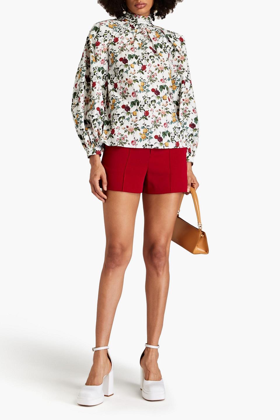 Cutout Floral-print Stretch-cotton Poplin Blouse In White Product Image