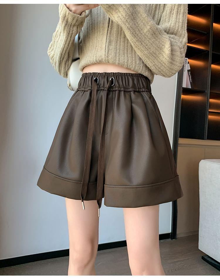 High Waist Plain Faux Leather Wide Leg Shorts Product Image