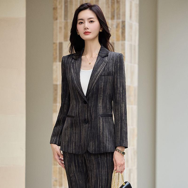 Notch Lapel Striped Single Breasted Blazer / High Waist Flared Slacks / Set Product Image