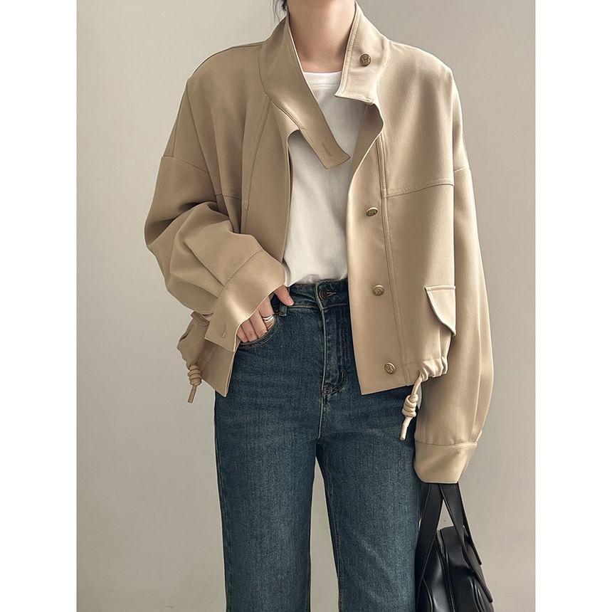 Stand Collar Plain Drawstring Hem Button Jacket Product Image