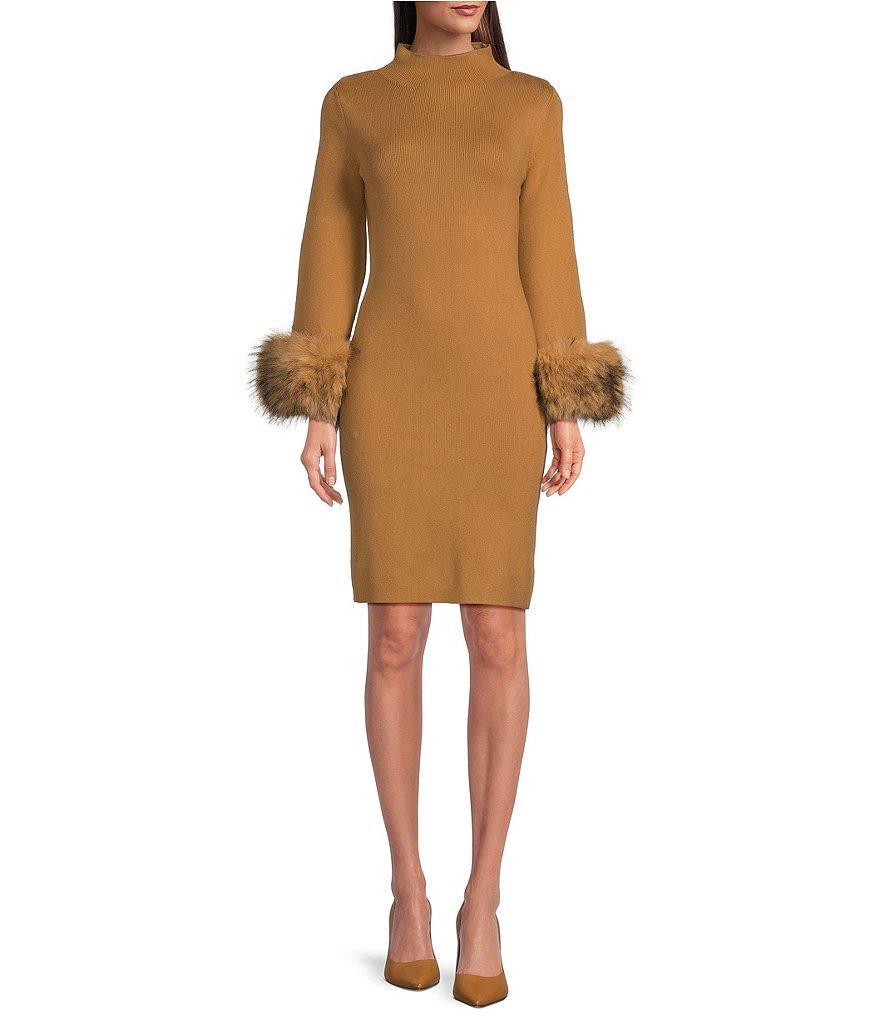 tyler boe Sloane Knit Funnel Neck Faux Fur Long Sleeve Sheath Dress product image