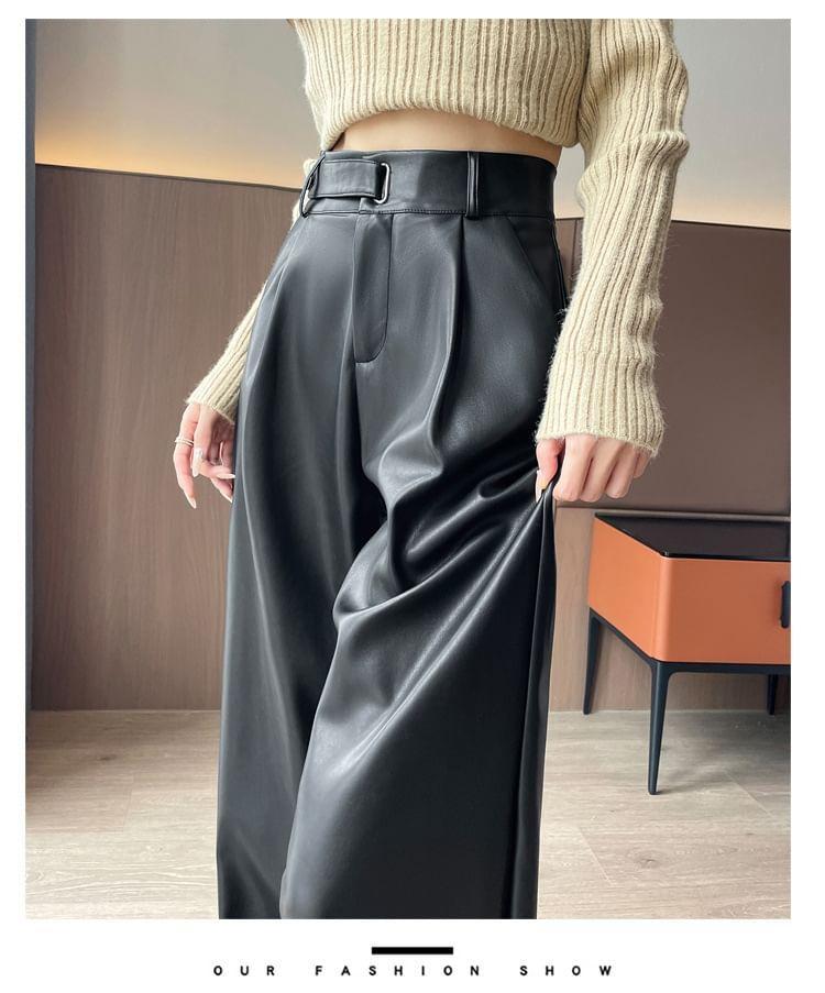 High Rise Faux Leather Wide Leg Pants (Various Designs) Product Image