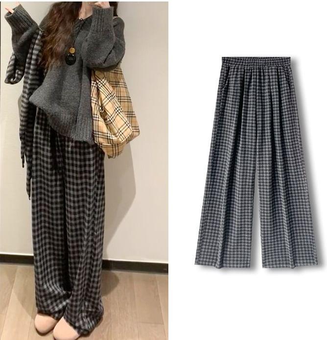 High Rise Plaid Wide Leg Pants Product Image