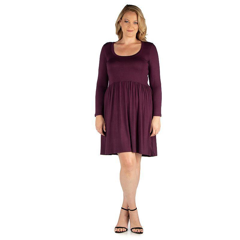 Plus Size 24seven Comfort Apparel Casual Long Sleeve Pleated Dress, Womens Purple Product Image