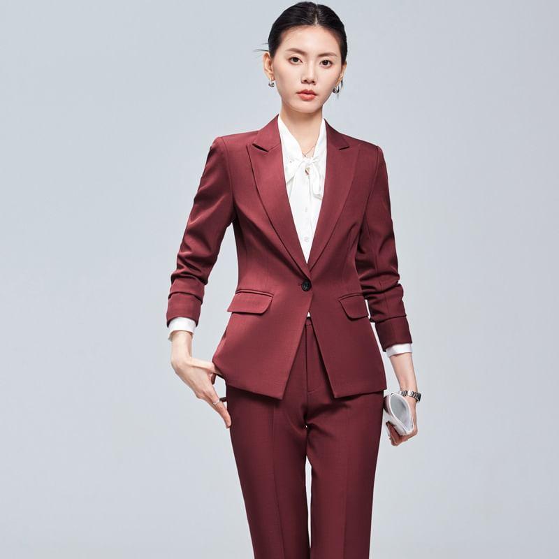 Long-Sleeve Tie-Neck Plain Blouse / Peak Lapel One-Buttoned Blazer / Mid Waist Cropped Straight Leg Suit Pants Product Image