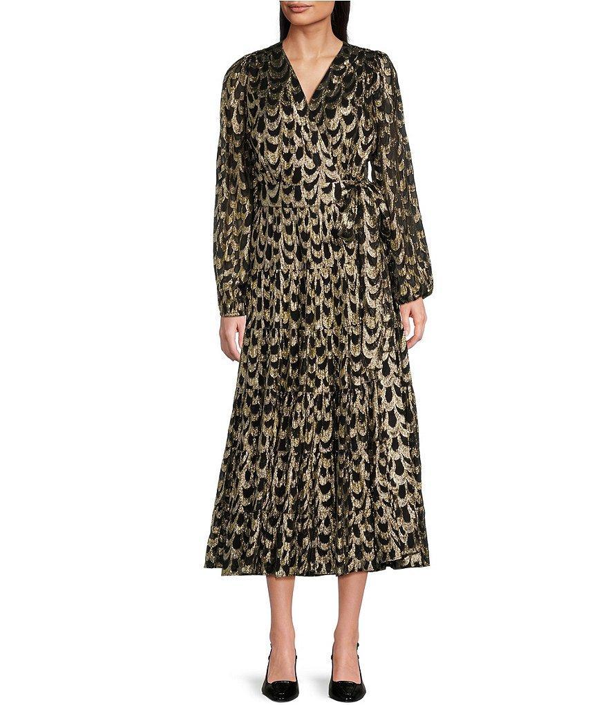 Gibson & Latimer Woven Metallic Ogee Print Surplice V-Neck Long Blouson Sleeve Wrap Tie at Waist A-Line Midi Dress Product Image