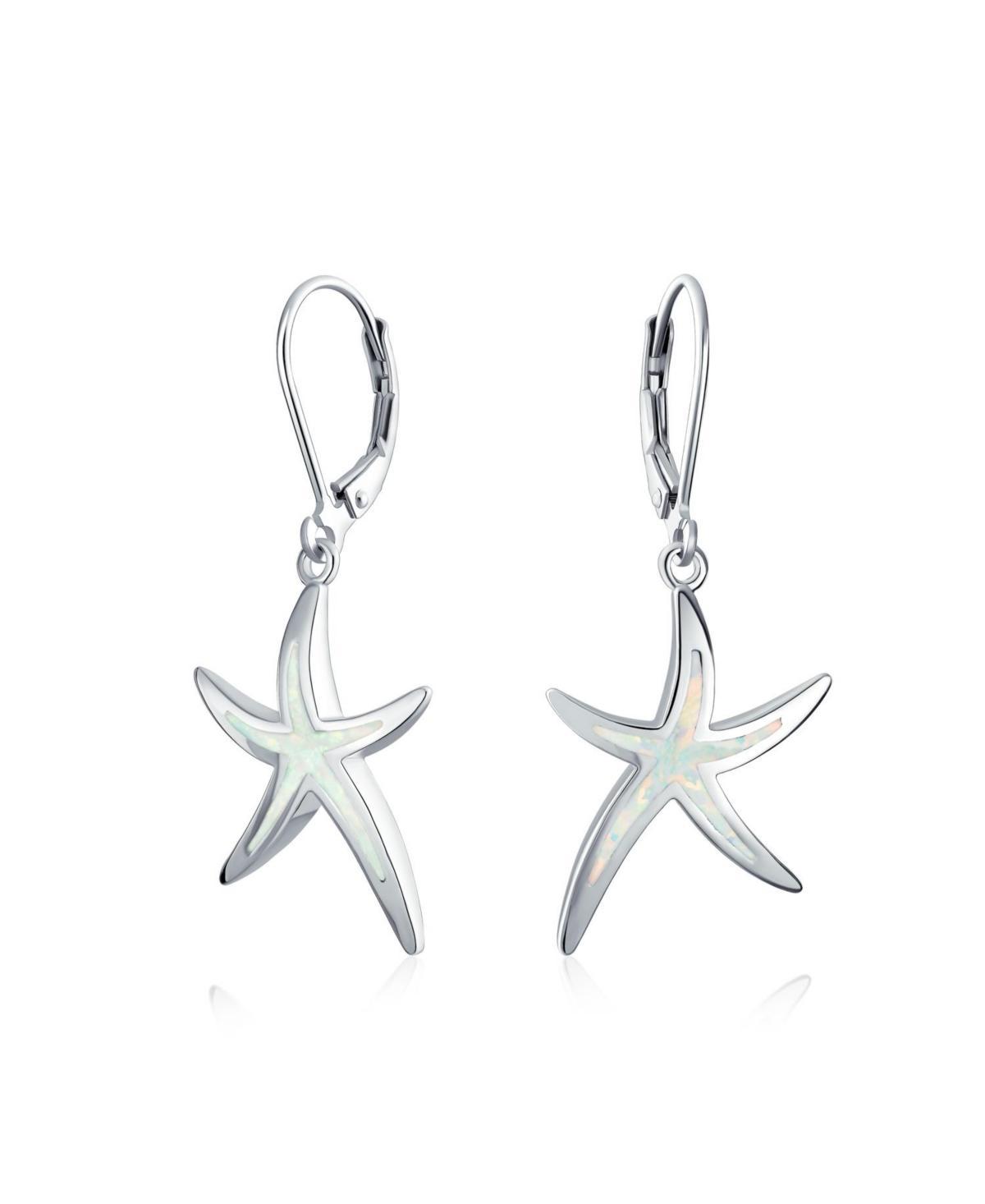 Bling Jewelry Nautical Aquatic Tropical Beach Vacation Iridescent White Created Opal Inlay Starfish Dangle Drop Lever back Earrings For Women .925 Ste Product Image