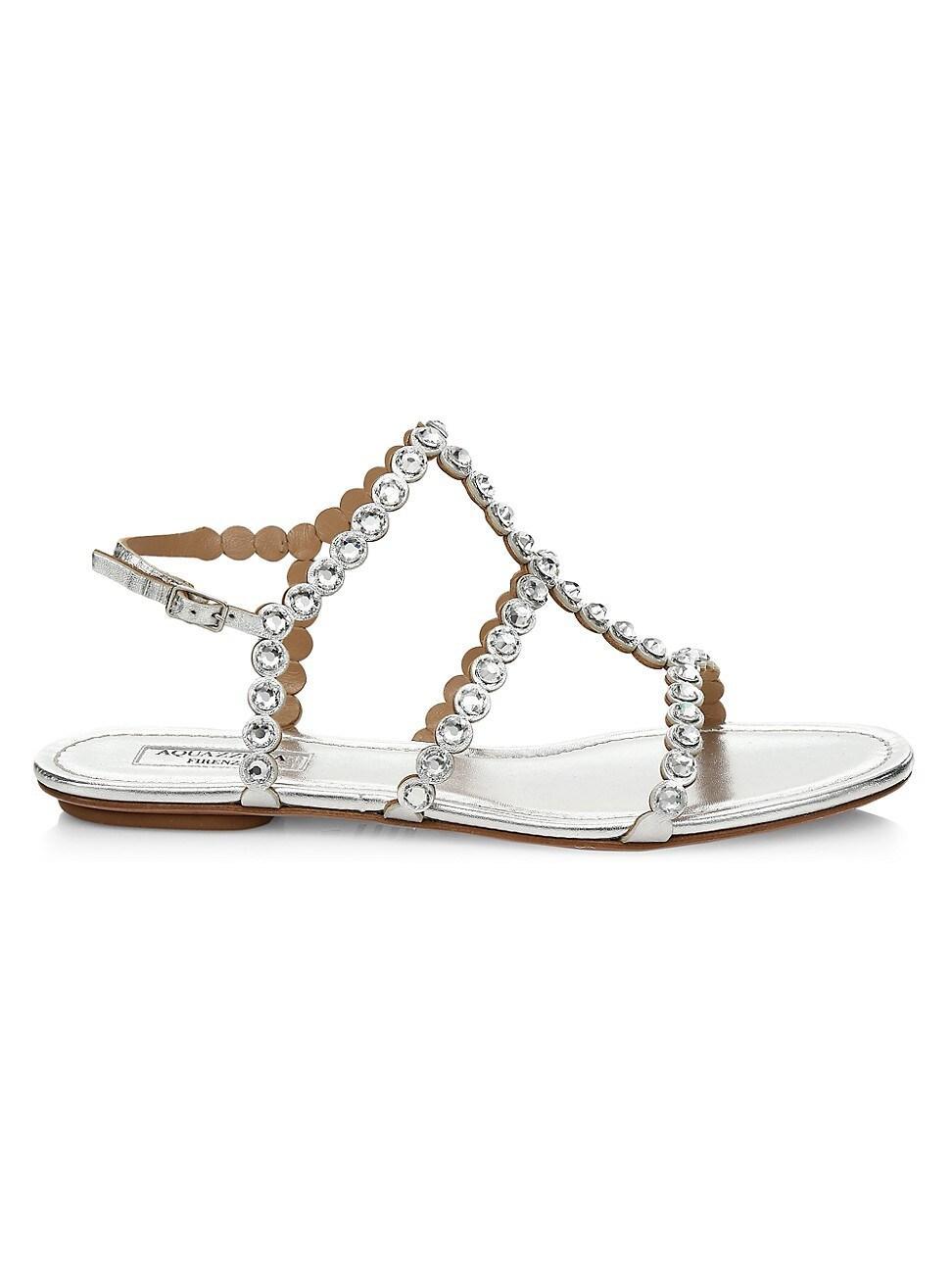 Womens Tequila Crystal-Embellished Metallic Leather Flat Sandals Product Image