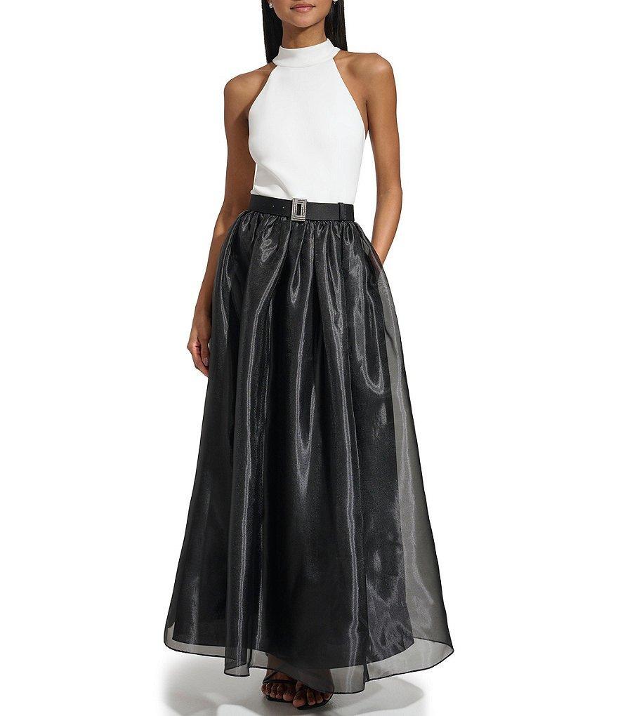 KARL LAGERFELD PARIS Organza Colorblock Halter Neck Sleeveless Embellished Belted Gown Product Image