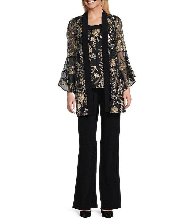 R & M Richards Bell Sleeve Scoop Neck Embroidered Mesh 3-Piece Duster Pant Set Product Image