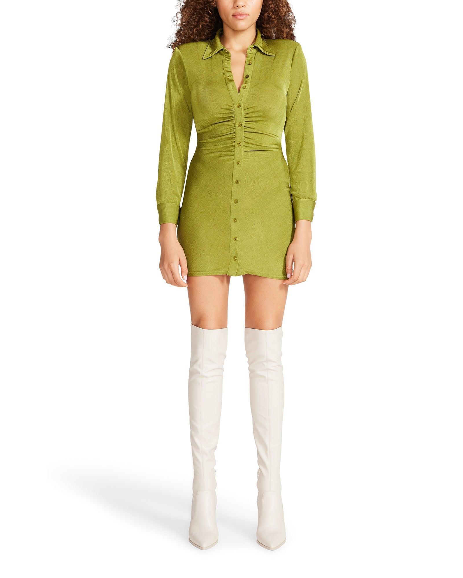 LONG SLEEVE BUTTON UP DRESS LIME - SM REBOOTED Female Product Image