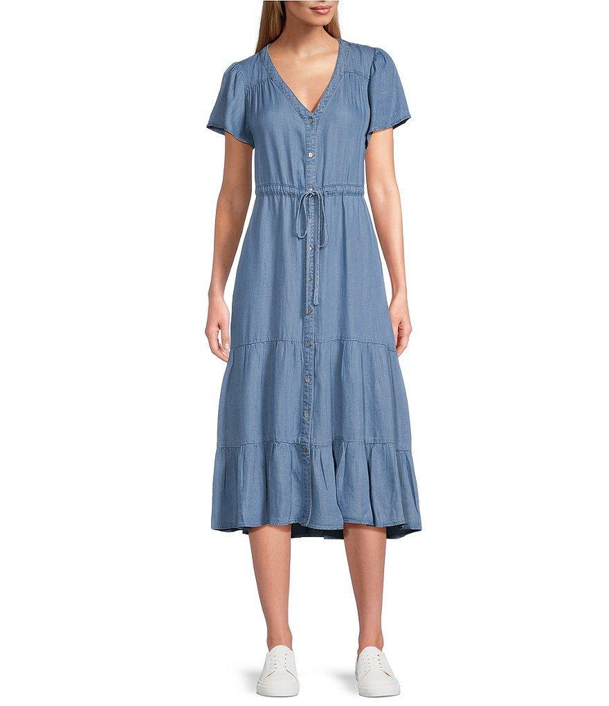 Nurture by Westbound Petite Size Button Front Short Flutter Sleeve A-Line Chambray Midi Dress Product Image