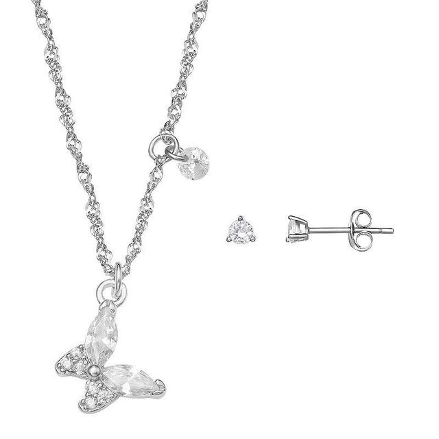 PRIMROSE Sterling Silver Cubic Zirconia Earring & Butterfly Pendant Necklace Set, Womens, Grey Product Image