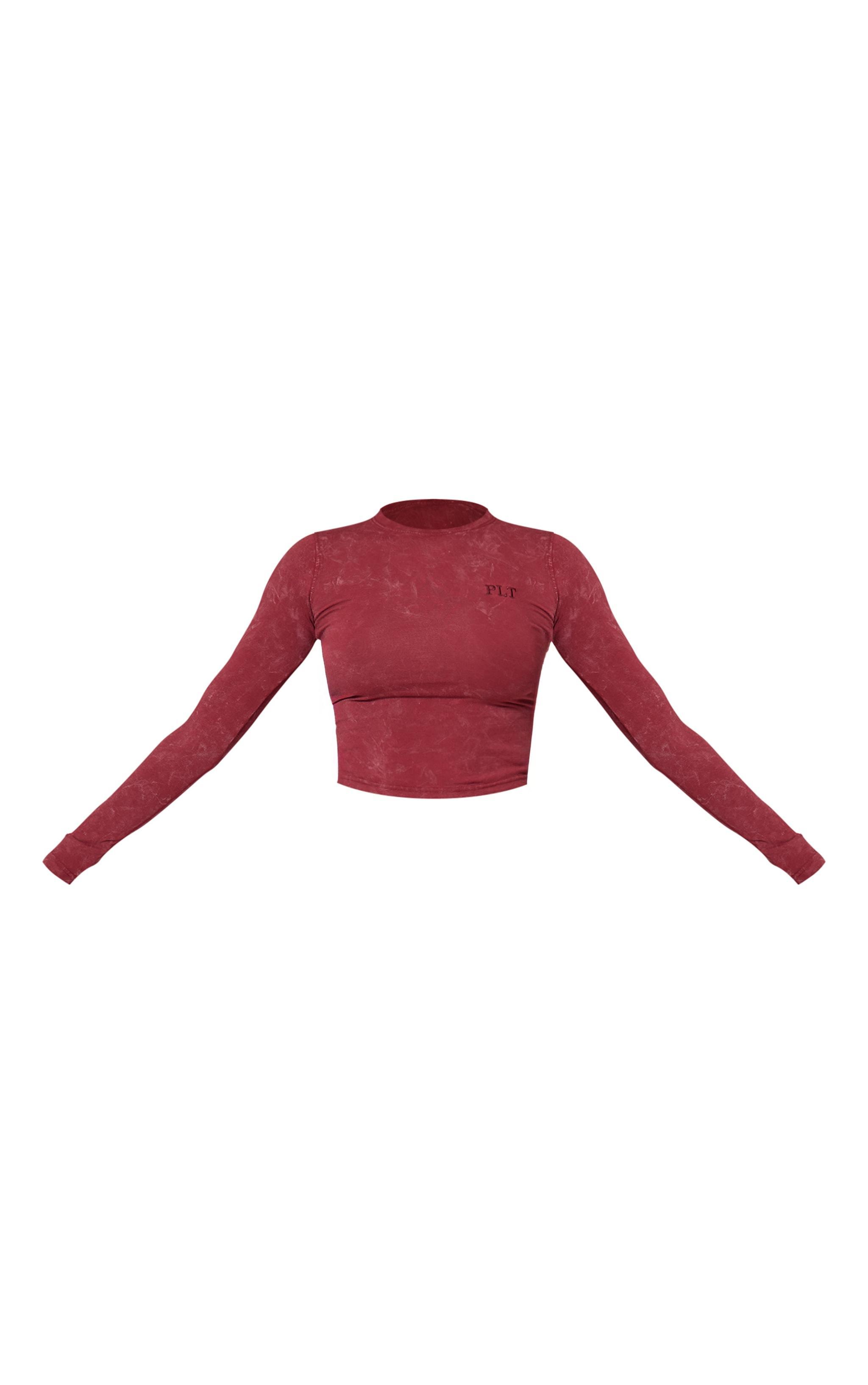 PRETTYLITTLETHING Dark Red Washed Longline Long Sleeve Cotton Fitted T-shirt Product Image