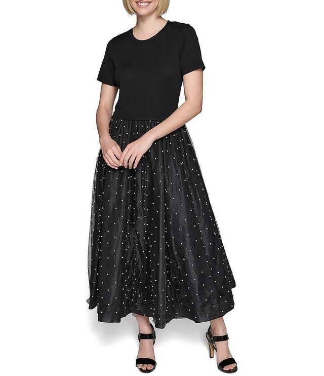 KARL LAGERFELD PARIS Jersey Crew Neck Short Sleeve Pearl Mesh Midi Dress Product Image