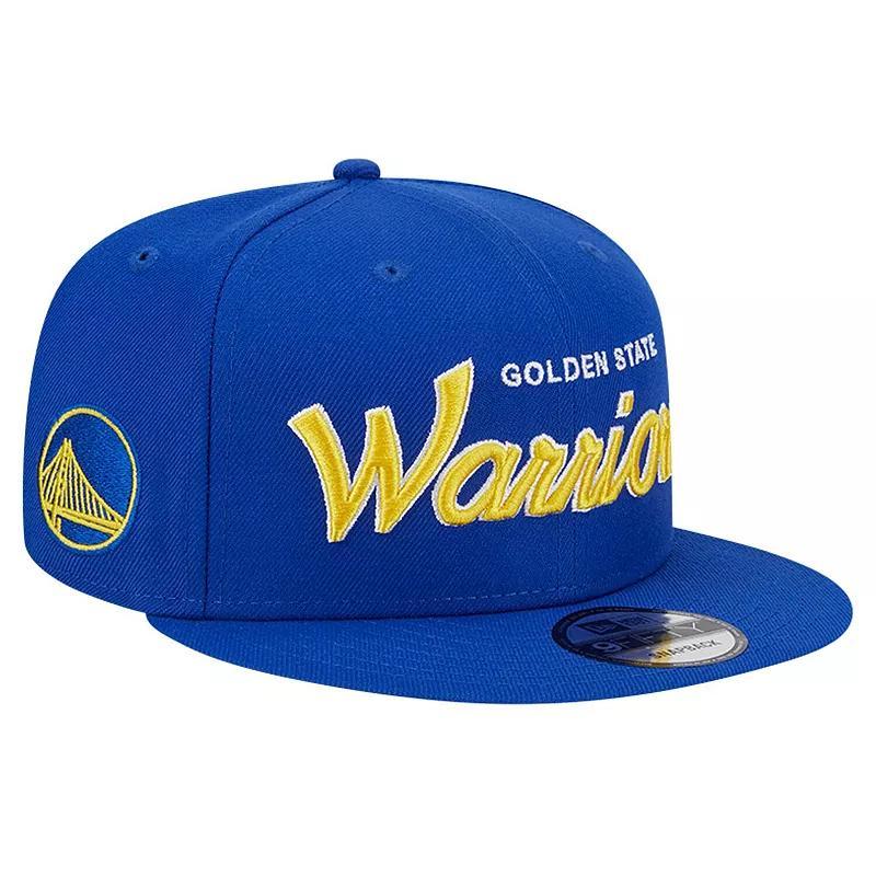 Mens New Era Royal Golden State Warriors Evergreen Script Side Patch 9FIFTY Snapback Hat Product Image