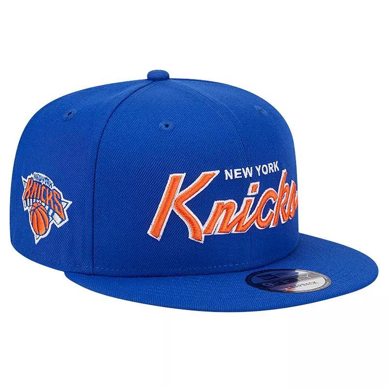 New Era Mens Blue New York Knicks Evergreen Script Side Patch 9FIFTY Snapback Hat Product Image