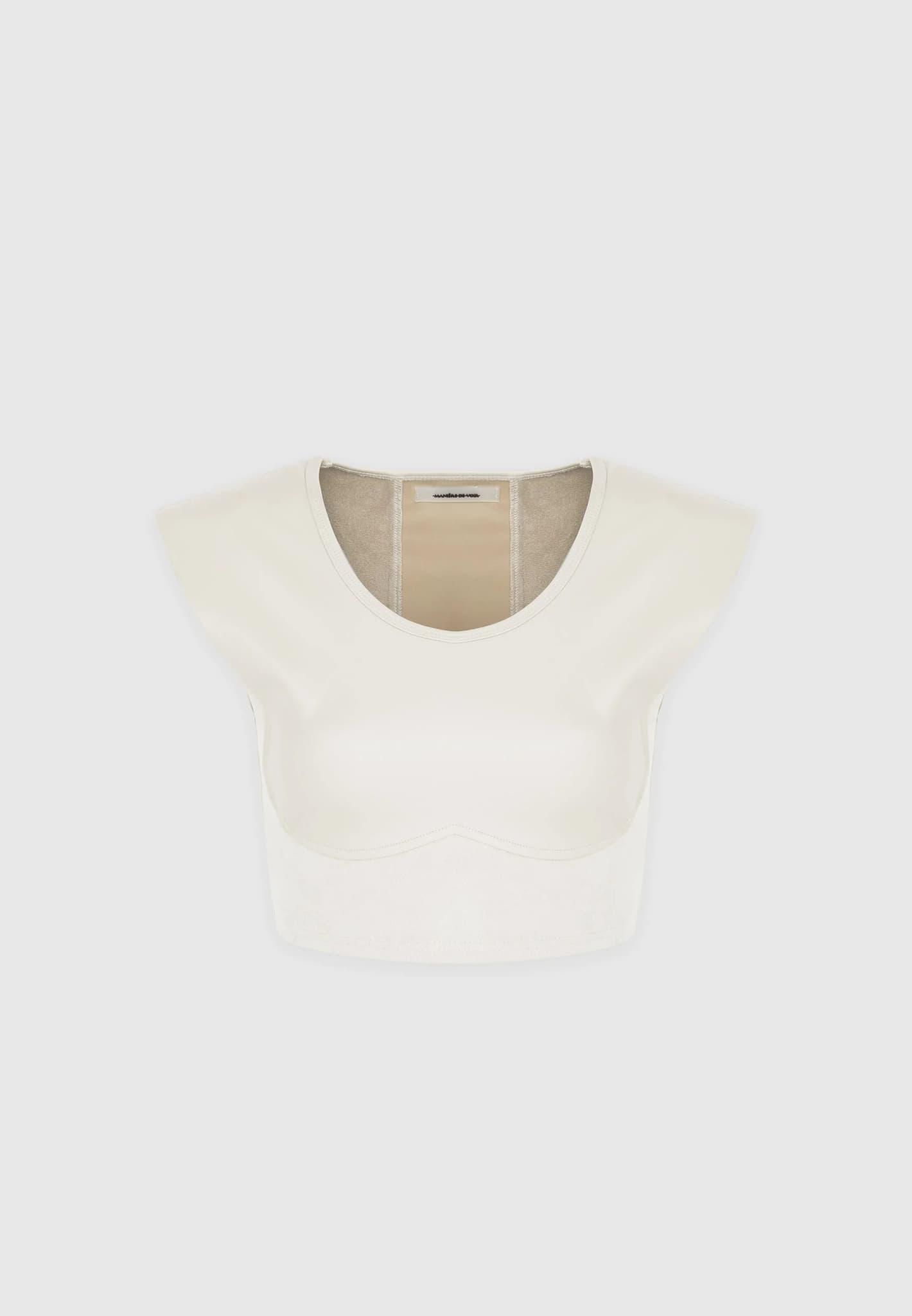 Wide Shoulder Leather and Suede Crop Top - Beige Female Product Image