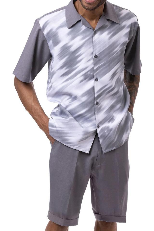 Gray Print Design Walking Suit 2 Piece Set Short Sleeve Shirt with Shorts Product Image