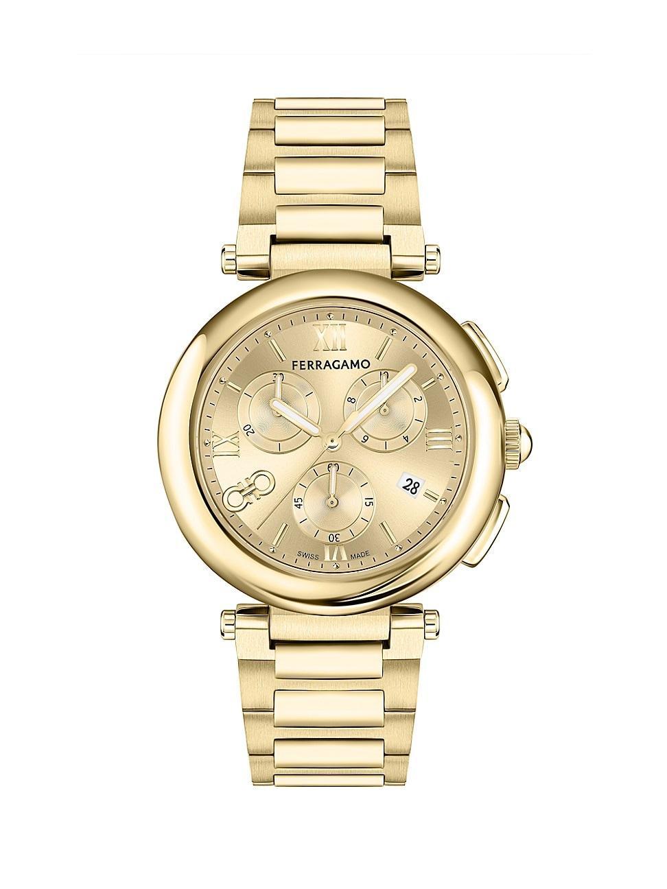 Ferragamo Womens Swiss Chronograph Gold Ion Plated Bracelet Watch 40mm - Gold Product Image