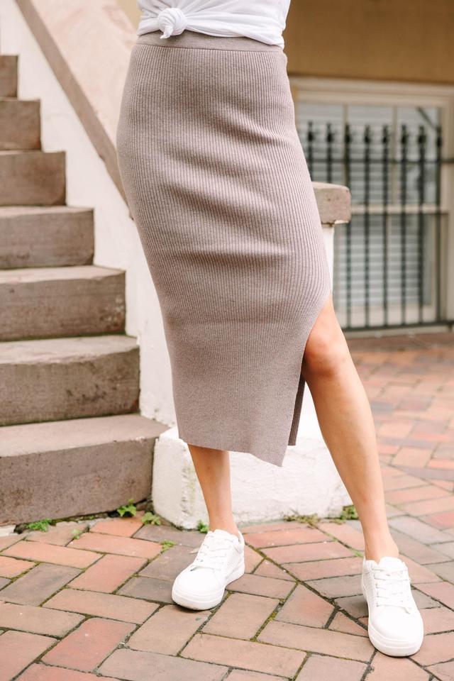 Get It Going Taupe Gray Ribbed Midi Skirt Female Product Image