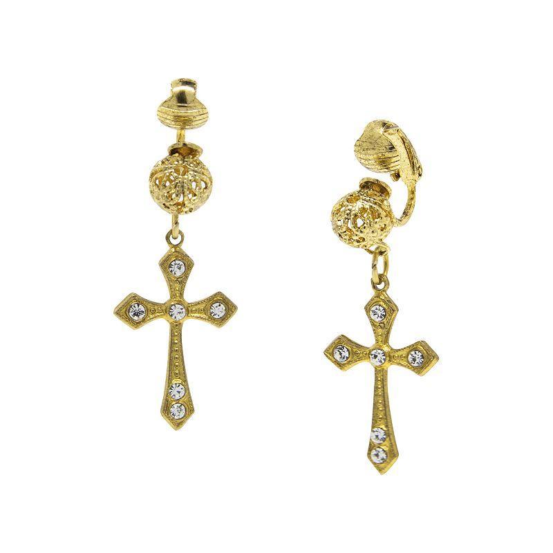 Symbols of Faith 14K Gold Dipped Crystal Cross Clip Earrings, Womens Product Image