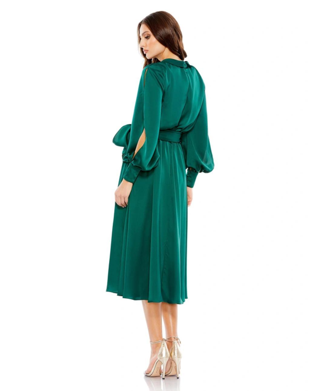 Collared Wrap Bishop Sleeve Dress In Emerald Product Image