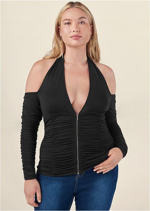 Zip-Up Ruched V-Neck Top Product Image