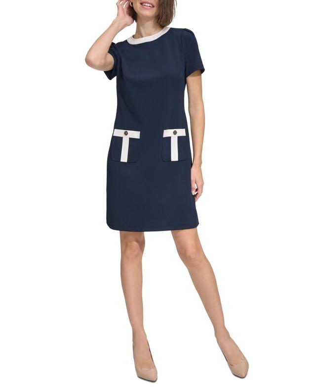 Tommy Hilfiger Womens Contrast-Trim Scuba Crepe Shift Dress - Sky Capt Product Image