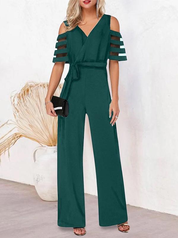 High Waisted Loose Hollow Mesh Solid Color Tied Waist V-Neck Jumpsuits Product Image