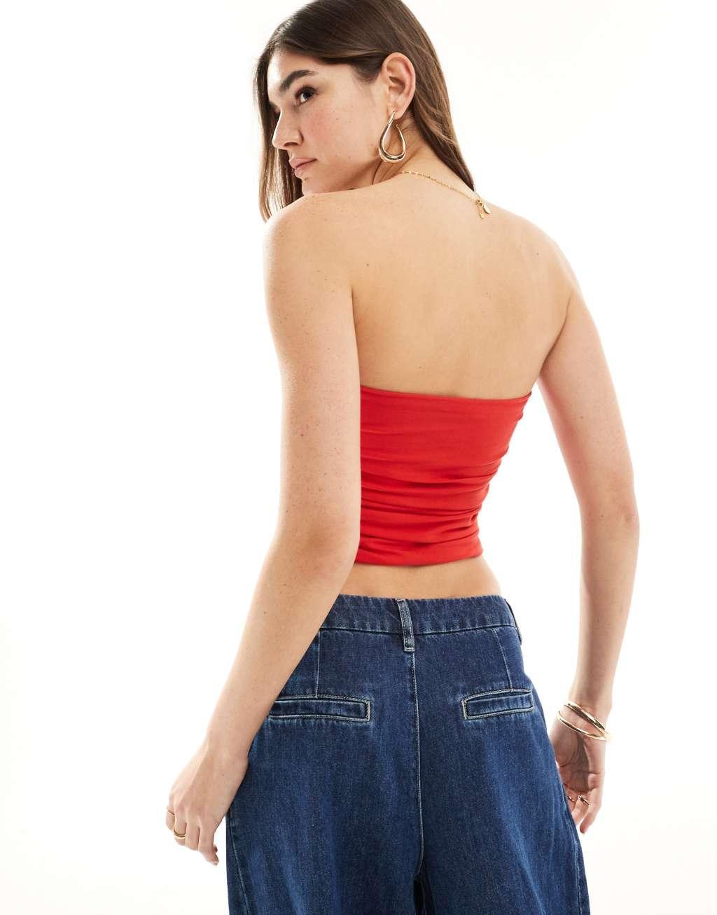 Pull&Bear ruched bandeau top in red Product Image