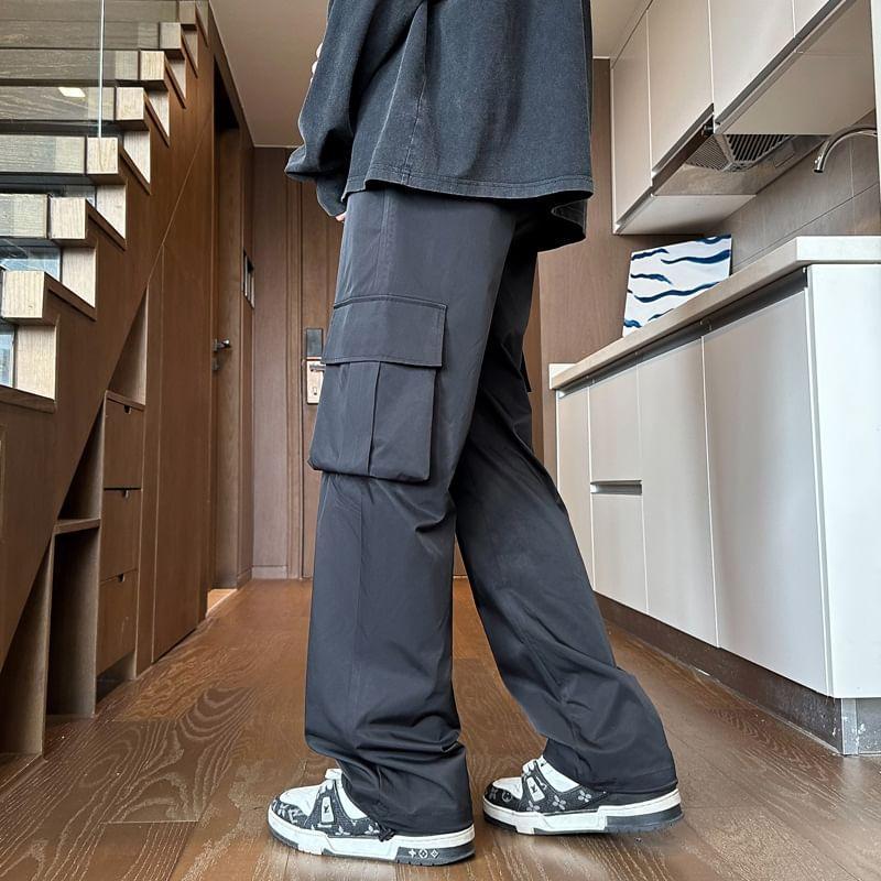 Drawstring Waist Plain Loose Fit Cargo Pants Product Image