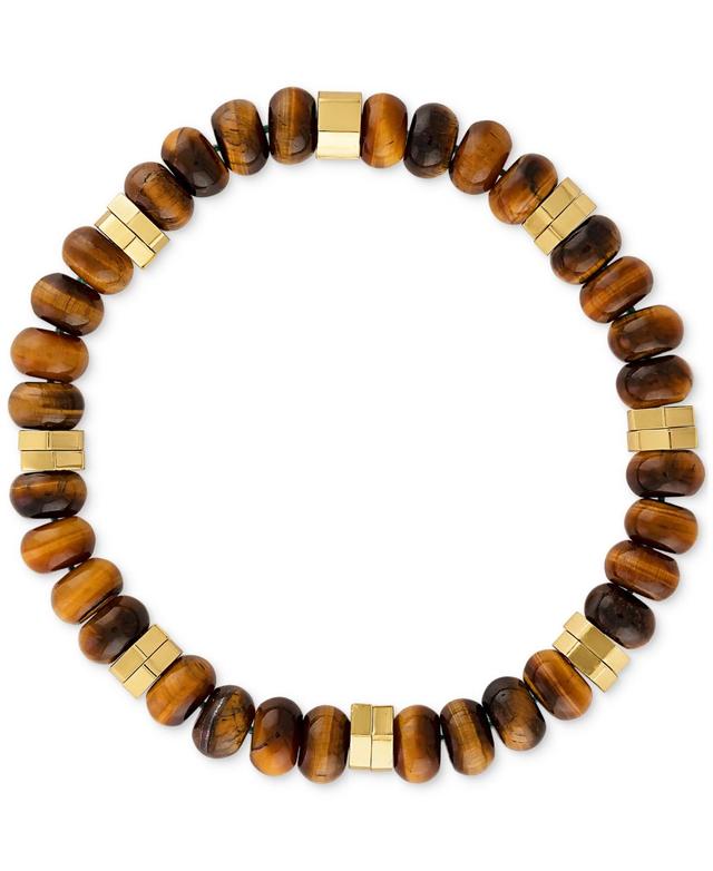 Esquire Mens Jewelry Tiger Eye Bead Stretch Bracelet in 14k Gold-Plated Sterling Silver, Created for Macys Product Image