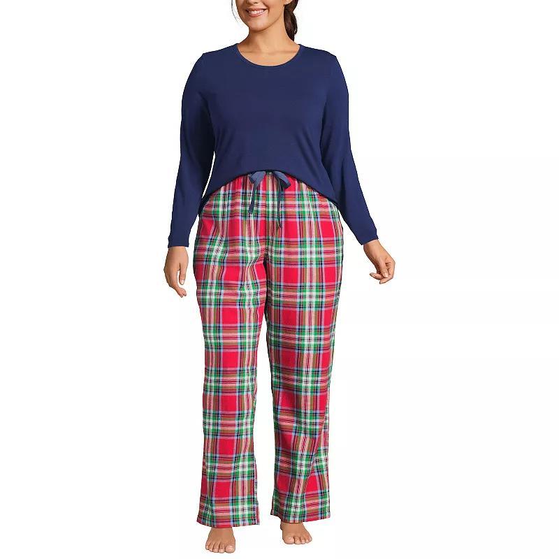 Plus Size Lands End Knit Long Sleeve Pajama Top & Flannel Pajama Pants Sleep Set, Womens Product Image