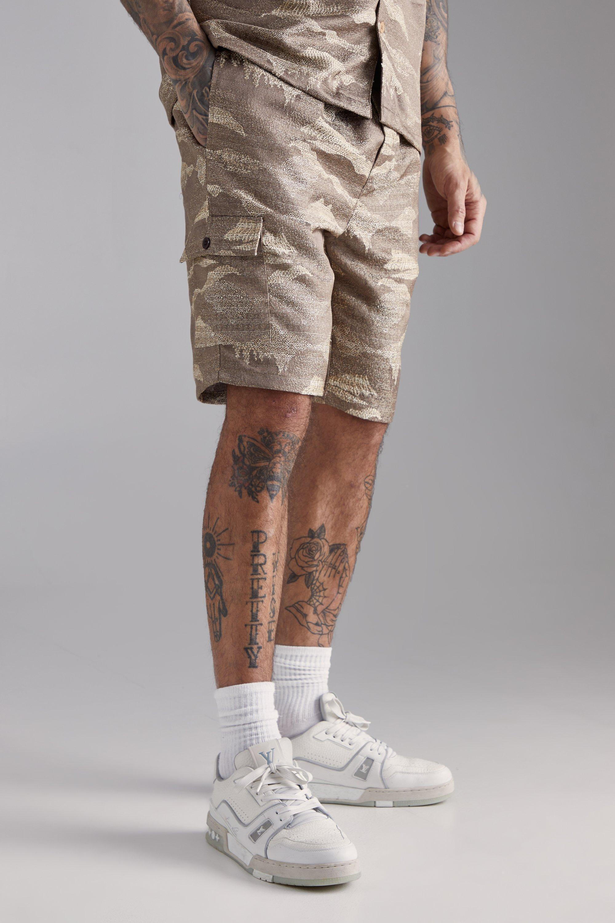 Tall Elasticated Waist Tapestry Short In Stone | boohooMAN USA Product Image