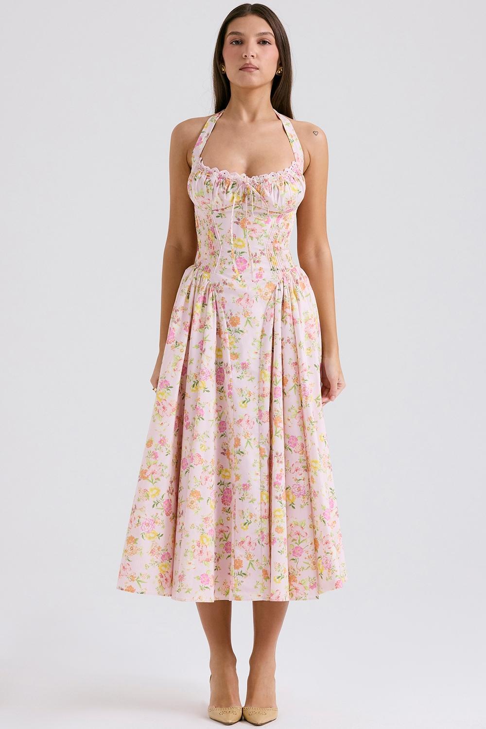 Adabella Pink Meadow Print Cotton Halter Midi Sundress Product Image