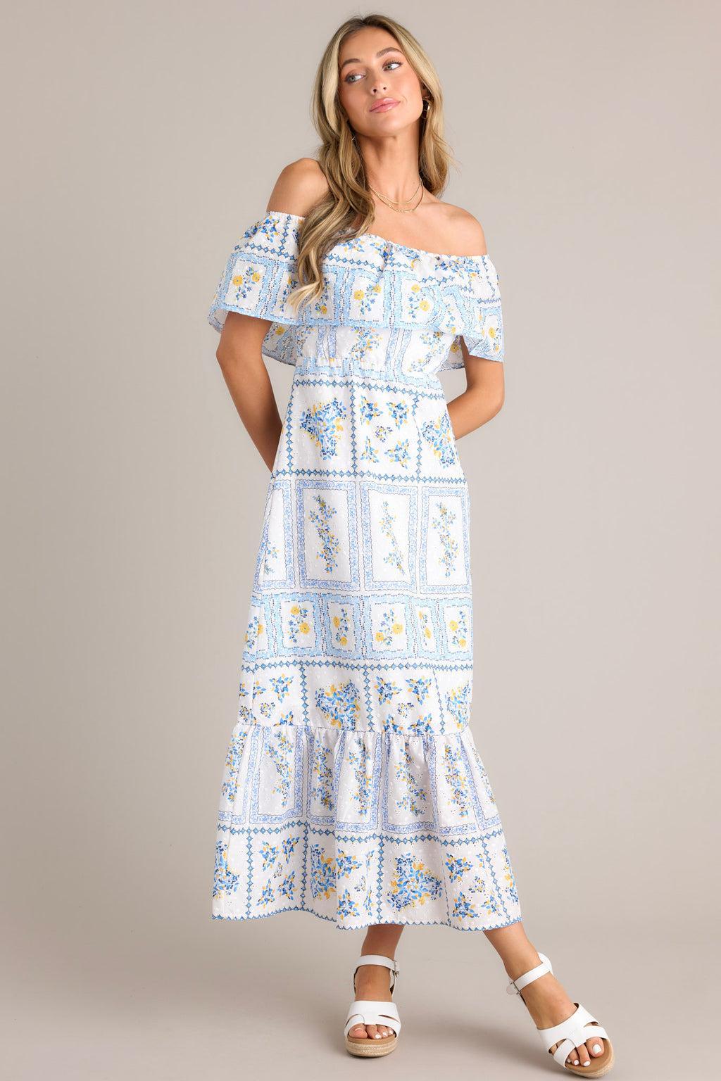 Sweet Serenity White & Blue Off The Shoulder Embroidered Maxi Dress Product Image