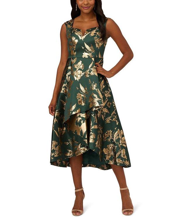 Adrianna Papell Metallic Jacquard Sweetheart Neck Cap Sleeve High-Low Hem Fit and Flare Dress Product Image