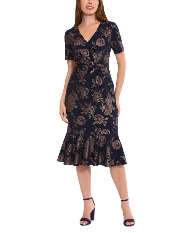 London Times Womens V-Neck Scuba-Crepe Midi Dress - Navy Product Image