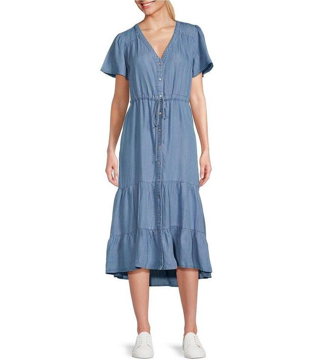 Nurture by Westbound Button Front Flutter Short Sleeve V-Neck High-Low Tie Waist Midi A-Line Denim Dress Product Image