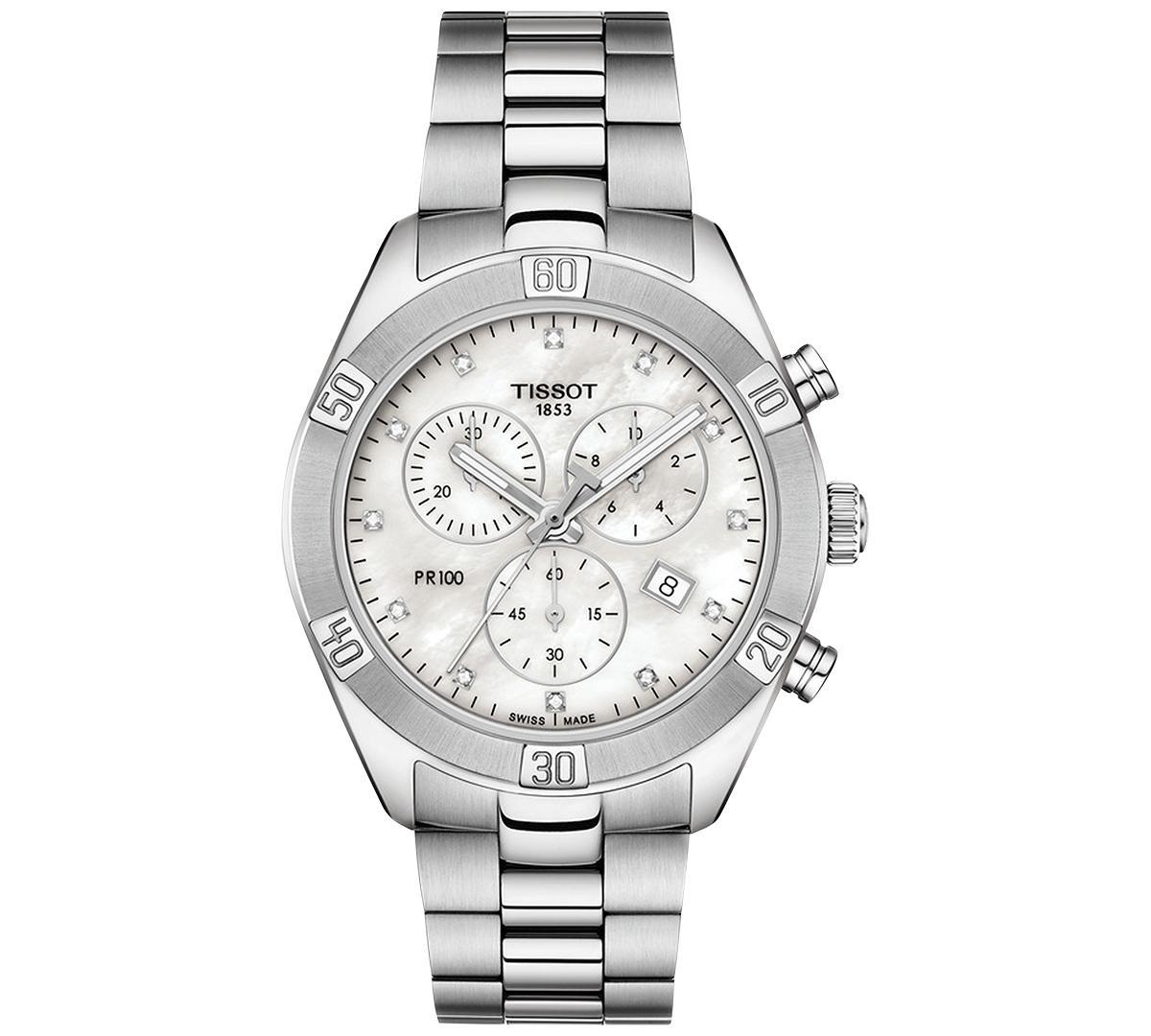 Tissot Womens Swiss Chronograph T-Classic Pr 100 Diamond (1/20 ct. t.w.) Gray Stainless Steel Bracelet Watch 38mm Product Image