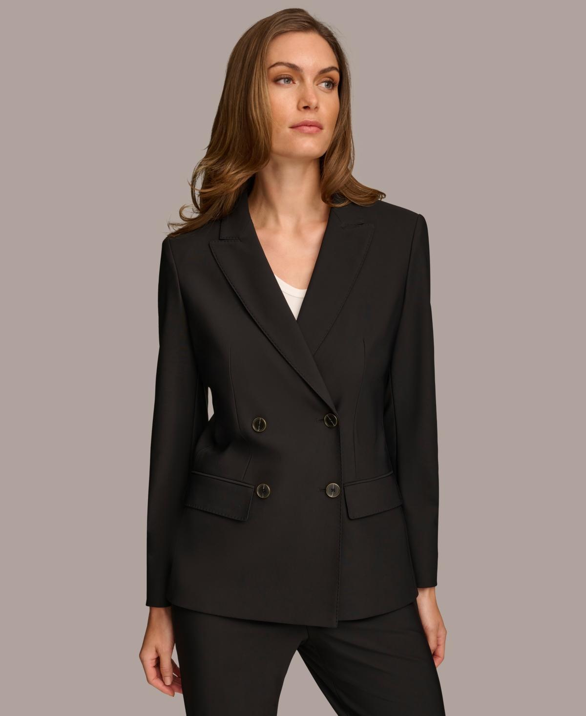 Donna Karan Ponte Double Breasted Flap Pocket Notch Lapel Blazer Product Image