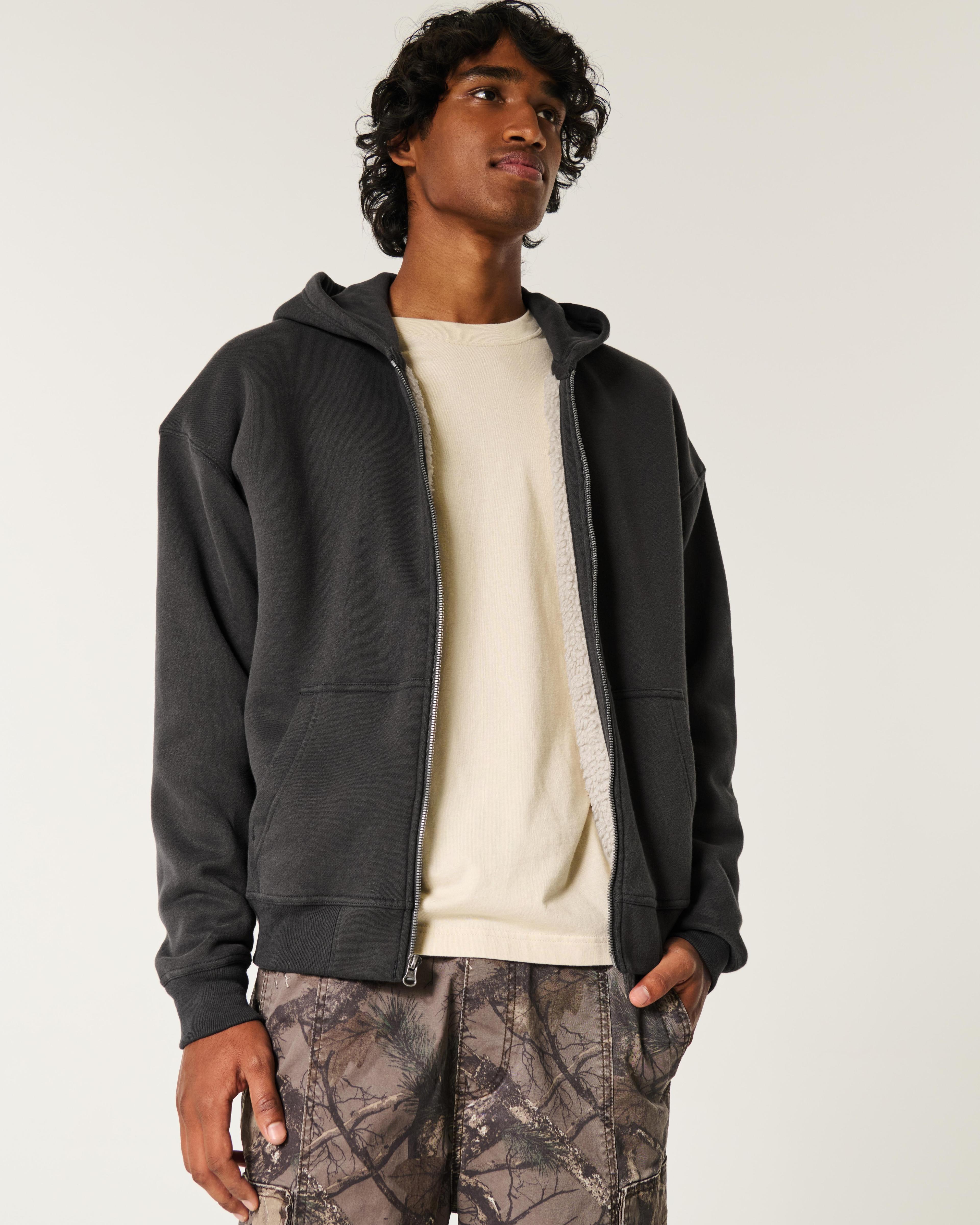 Boxy Faux Shearling-Lined Zip-Up Hoodie Product Image