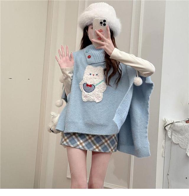 Mock Neck Cat Applique Sweater / Plaid Mini Skirt / Set Product Image