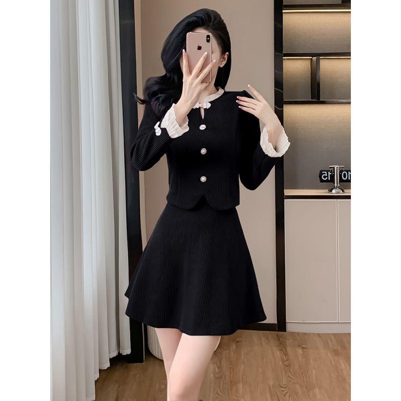 Set: Ruffle-Cuff Frog Buttoned Jacket + High Rise Mini A-Line Skirt Product Image