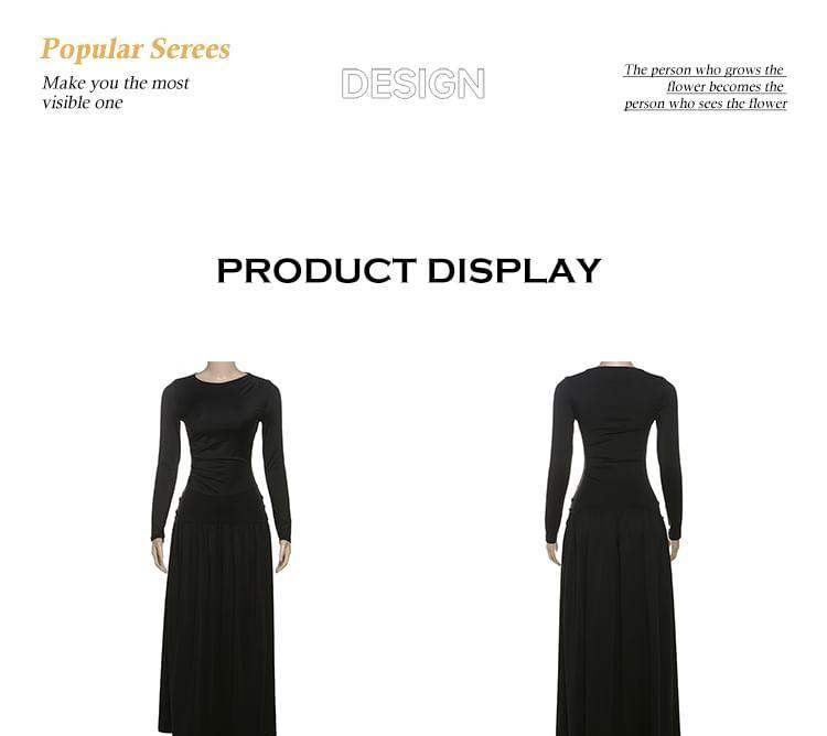 Long-Sleeve Crew Neck Plain Maxi A-Line Dress Product Image