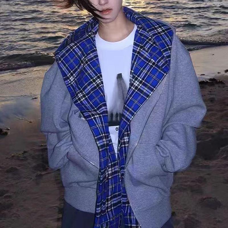 Plaid Panel Mock Two Piece Zip Hoodie Product Image