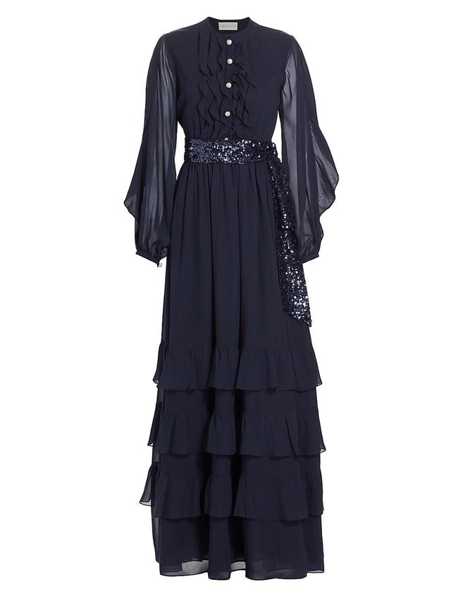 Womens Venus Sequined Tie-Waist Tiered Chiffon Gown Product Image