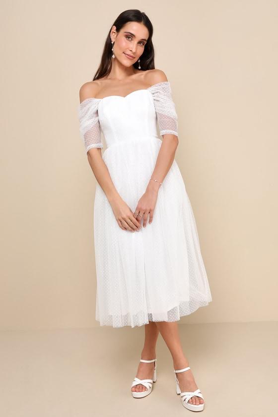 Heavenly Mood White Mesh Swiss Dot Off-the-Shoulder Midi Dress Product Image