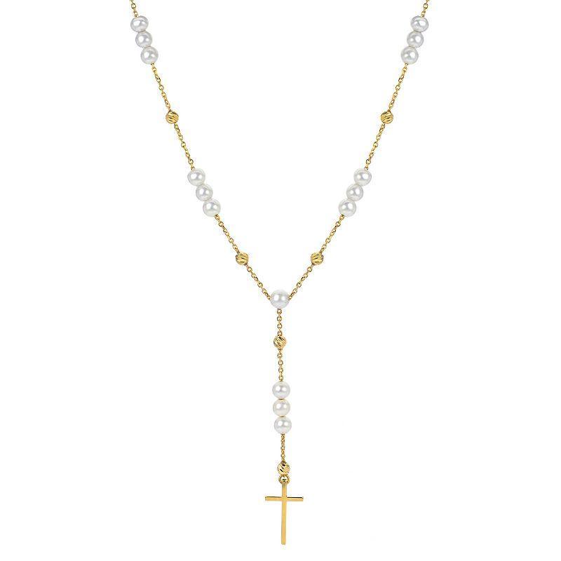 PearLustre by Imperial 14k Gold Over Sterling Silver Freshwater Cultured Pearl & Textured Bead Cross Y Necklace, Womens Yellow Product Image